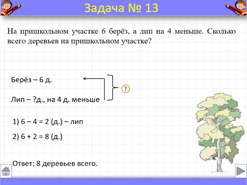 На пришкольном участке 6 берёз, а лип на 4 меньше. Сколько всего деревьев на